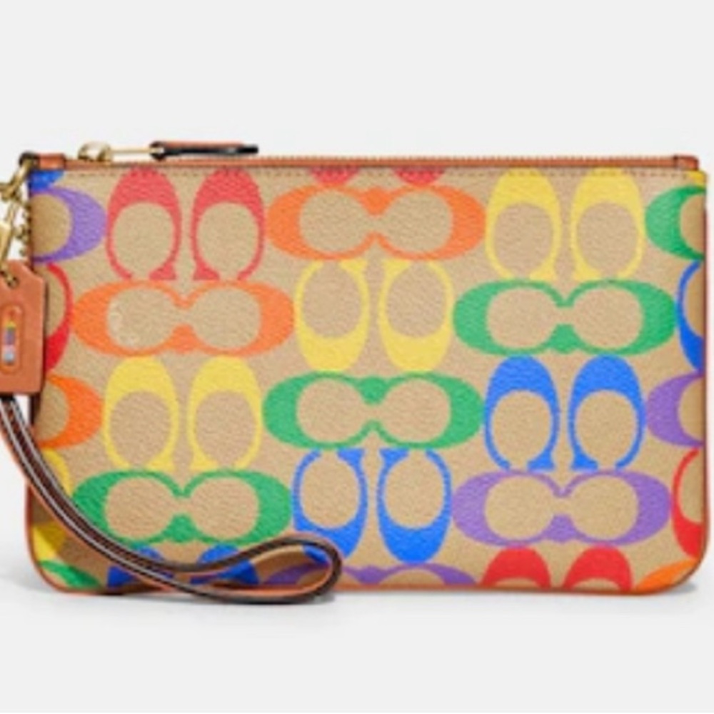 NWOT Coach Wristlet Brass/Tan Natural Multi Rainbow Signature Canvas/leather - Picture 2 of 13